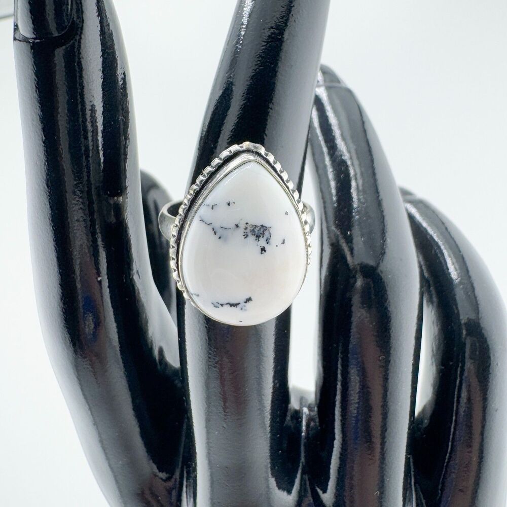 Southwestern White Stone Black Matrix Teardrop Ring Silver Tone Boho Southwester - Picture 2 of 8